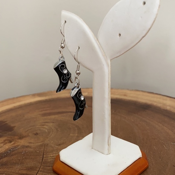 Enamel Dangle Western Rhinestone Cowboy Boot Earrings Black - Picture 3 of 3